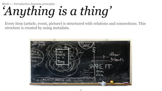 Block 1 – Introduction Anymeta principles


‘Anything is a thing’
  Every item (article, event, picture) is structured with relations and connections. This
  structure is created by using metadata.




                                                9
 