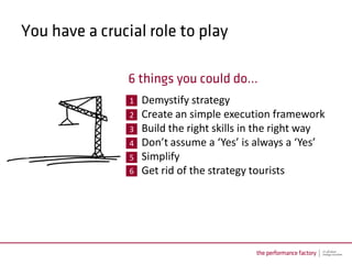 1   Demystify strategy
2   Create an simple execution framework
3   Build the right skills in the right way
4   Don’t assume a ‘Yes’ is always a ‘Yes’
5   Simplify
6   Get rid of the strategy tourists
 