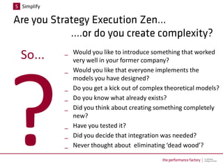 5 Simplify




  So...      _ Would you like to introduce something that worked
               very well in your former company?
             _ Would you like that everyone implements the
               models you have designed?
             _ Do you get a kick out of complex theoretical models?
             _ Do you know what already exists?
             _ Did you think about creating something completely
               new?
             _ Have you tested it?
             _ Did you decide that integration was needed?
             _ Never thought about eliminating ‘dead wood’?
 