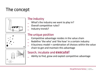 _ What’s the industry we want to play in?
_ Overall competitive rules?
_ Industry trends?


_ Competitive advantage resides in the value chain
_ Redefine ‘the who’ and ‘the how’ in a certain industry
_ A business model = combination of choices within the value
  chain to get and maintain this advantage


_ Ability to find, grow and exploit competitive advantage
 