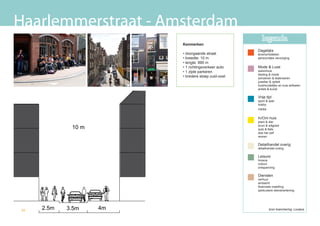 Haarlemmerstraat - Amsterdam
                                                        legenda
                         Kenmerken
                                                     Dagelijks
                         • doorgaande straat         levensmiddelen
                         • breedte: 10 m             persoonlijke verzorging
                         • lengte: 890 m
                         • 1 richtingsverkeer auto   Mode & Luxe
                         • 1 zijde parkeren          warenhuis
                                                     kleding & mode
                         • bredere stoep zuid-oost   schoenen & lederwaren
                                                     juwelier & optiek
                                                     huishoudelijke en luxe artikelen
                                                     antiek & kunst

                                                     Vrije tijd
                                                     sport & spel
                                                     hobby
                                                     media


                                                     In/Om huis
                                                     plant & dier
             10 m                                    bruin & witgoed
                                                     auto & fiets
                                                     doe het zelf
                                                     wonen

                                                     Detailhandel overig
                                                     detailhandel overig

                                                     Leisure
                                                     horeca
                                                     cultuur
                                                     ontspanning

                                                     Diensten
                                                     verhuur
                                                     ambacht
                                                     financiele instelling
                                                     particuliere dienstverlening




52   2.5m   3.5m    4m                                       bron branchering: Locatus
 