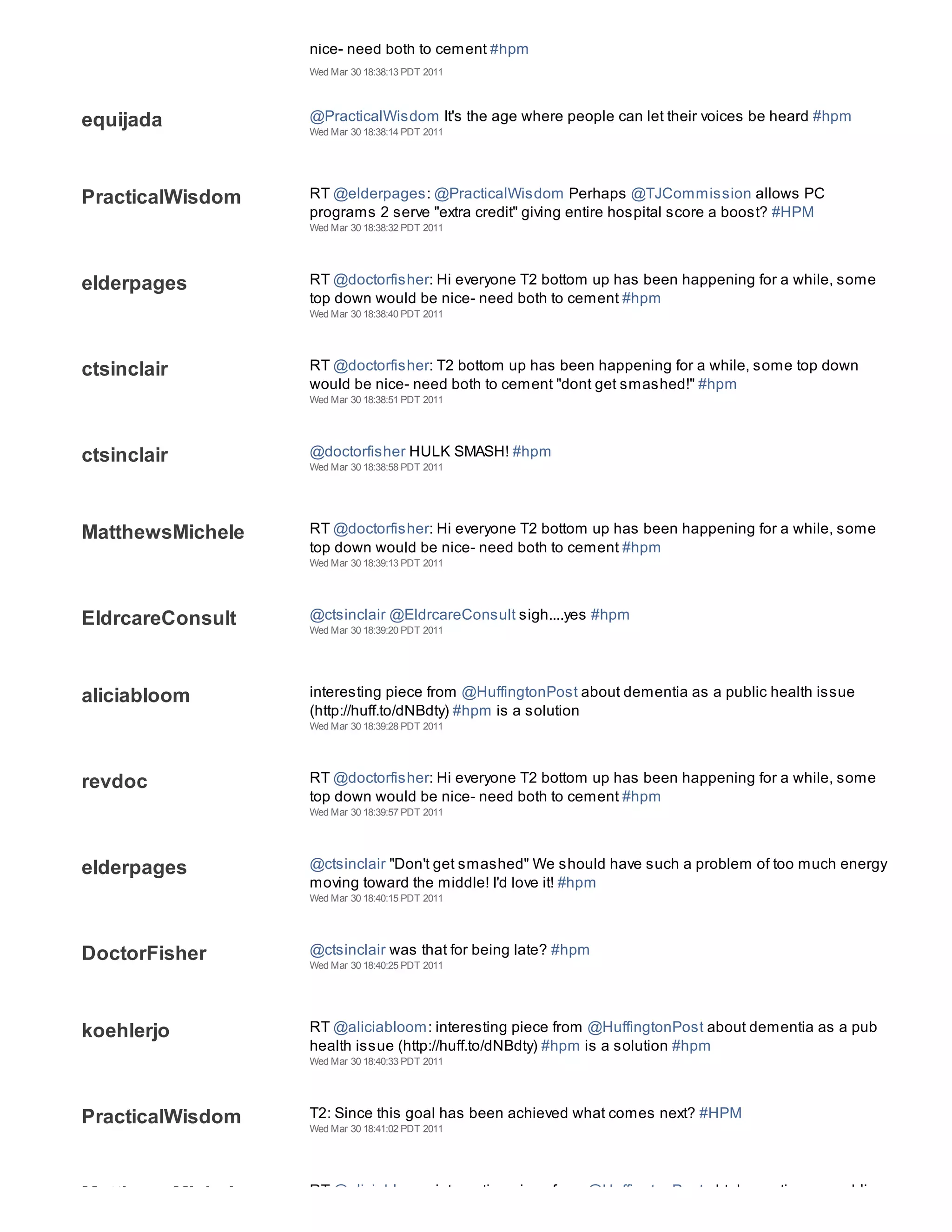 DoctorFisher
                  nice- need both to cement #hpm
                  Wed Mar 30 18:38:13 PDT 2011




equijada          @PracticalWisdom It's the age where people can let their voices be heard #hpm
                  Wed Mar 30 18:38:14 PDT 2011




PracticalWisdom   RT @elderpages: @PracticalWisdom Perhaps @TJCommission allows PC
                  programs 2 serve "extra credit" giving entire hospital score a boost? #HPM
                  Wed Mar 30 18:38:32 PDT 2011




elderpages        RT @doctorfisher: Hi everyone T2 bottom up has been happening for a while, some
                  top down would be nice- need both to cement #hpm
                  Wed Mar 30 18:38:40 PDT 2011




ctsinclair        RT @doctorfisher: T2 bottom up has been happening for a while, some top down
                  would be nice- need both to cement "dont get smashed!" #hpm
                  Wed Mar 30 18:38:51 PDT 2011




ctsinclair        @doctorfisher HULK SMASH! #hpm
                  Wed Mar 30 18:38:58 PDT 2011




MatthewsMichele   RT @doctorfisher: Hi everyone T2 bottom up has been happening for a while, some
                  top down would be nice- need both to cement #hpm
                  Wed Mar 30 18:39:13 PDT 2011




EldrcareConsult   @ctsinclair @EldrcareConsult sigh....yes #hpm
                  Wed Mar 30 18:39:20 PDT 2011




aliciabloom       interesting piece from @HuffingtonPost about dementia as a public health issue
                  (http://huff.to/dNBdty) #hpm is a solution
                  Wed Mar 30 18:39:28 PDT 2011




revdoc            RT @doctorfisher: Hi everyone T2 bottom up has been happening for a while, some
                  top down would be nice- need both to cement #hpm
                  Wed Mar 30 18:39:57 PDT 2011




elderpages        @ctsinclair "Don't get smashed" We should have such a problem of too much energy
                  moving toward the middle! I'd love it! #hpm
                  Wed Mar 30 18:40:15 PDT 2011




DoctorFisher      @ctsinclair was that for being late? #hpm
                  Wed Mar 30 18:40:25 PDT 2011




koehlerjo         RT @aliciabloom: interesting piece from @HuffingtonPost about dementia as a pub
                  health issue (http://huff.to/dNBdty) #hpm is a solution #hpm
                  Wed Mar 30 18:40:33 PDT 2011




PracticalWisdom   T2: Since this goal has been achieved what comes next? #HPM
                  Wed Mar 30 18:41:02 PDT 2011




MatthewsMichele   RT @aliciabloom: interesting piece from @HuffingtonPost abt dementia as a public
 