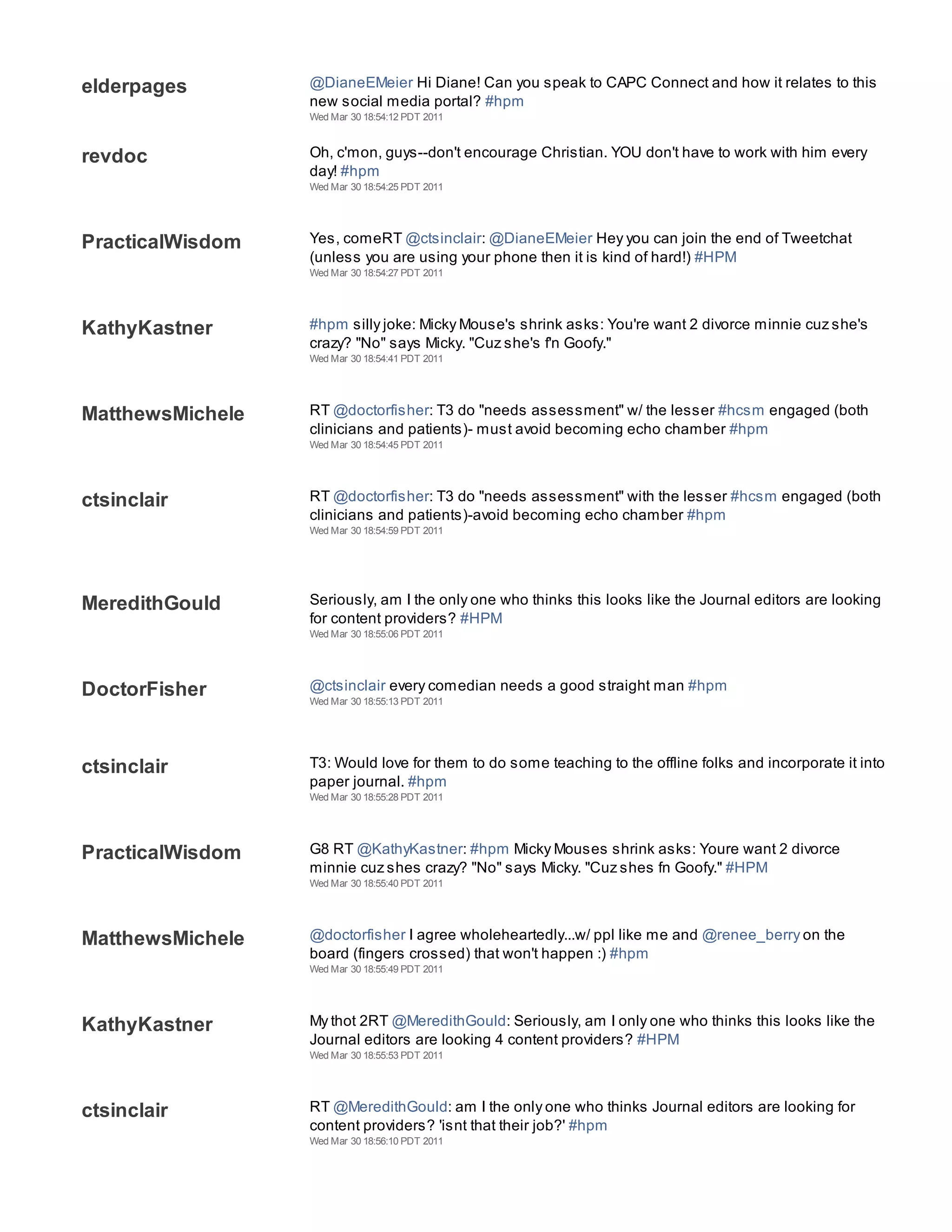 elderpages        @DianeEMeier Hi Diane! Can you speak to CAPC Connect and how it relates to this
                  new social media portal? #hpm
                  Wed Mar 30 18:54:12 PDT 2011



revdoc            Oh, c'mon, guys--don't encourage Christian. YOU don't have to work with him every
                  day! #hpm
                  Wed Mar 30 18:54:25 PDT 2011




PracticalWisdom   Yes, comeRT @ctsinclair: @DianeEMeier Hey you can join the end of Tweetchat
                  (unless you are using your phone then it is kind of hard!) #HPM
                  Wed Mar 30 18:54:27 PDT 2011




KathyKastner      #hpm silly joke: Micky Mouse's shrink asks: You're want 2 divorce minnie cuz she's
                  crazy? "No" says Micky. "Cuz she's f'n Goofy."
                  Wed Mar 30 18:54:41 PDT 2011




MatthewsMichele   RT @doctorfisher: T3 do "needs assessment" w/ the lesser #hcsm engaged (both
                  clinicians and patients)- must avoid becoming echo chamber #hpm
                  Wed Mar 30 18:54:45 PDT 2011




ctsinclair        RT @doctorfisher: T3 do "needs assessment" with the lesser #hcsm engaged (both
                  clinicians and patients)-avoid becoming echo chamber #hpm
                  Wed Mar 30 18:54:59 PDT 2011




MeredithGould     Seriously, am I the only one who thinks this looks like the Journal editors are looking
                  for content providers? #HPM
                  Wed Mar 30 18:55:06 PDT 2011




DoctorFisher      @ctsinclair every comedian needs a good straight man #hpm
                  Wed Mar 30 18:55:13 PDT 2011




ctsinclair        T3: Would love for them to do some teaching to the offline folks and incorporate it into
                  paper journal. #hpm
                  Wed Mar 30 18:55:28 PDT 2011




PracticalWisdom   G8 RT @KathyKastner: #hpm Micky Mouses shrink asks: Youre want 2 divorce
                  minnie cuz shes crazy? "No" says Micky. "Cuz shes fn Goofy." #HPM
                  Wed Mar 30 18:55:40 PDT 2011




MatthewsMichele   @doctorfisher I agree wholeheartedly...w/ ppl like me and @renee_berry on the
                  board (fingers crossed) that won't happen :) #hpm
                  Wed Mar 30 18:55:49 PDT 2011




KathyKastner      My thot 2RT @MeredithGould: Seriously, am I only one who thinks this looks like the
                  Journal editors are looking 4 content providers? #HPM
                  Wed Mar 30 18:55:53 PDT 2011




ctsinclair        RT @MeredithGould: am I the only one who thinks Journal editors are looking for
                  content providers? 'isnt that their job?' #hpm
                  Wed Mar 30 18:56:10 PDT 2011




RossJeanette      @MeredithGould agree they are looking for content providers #hpm
 