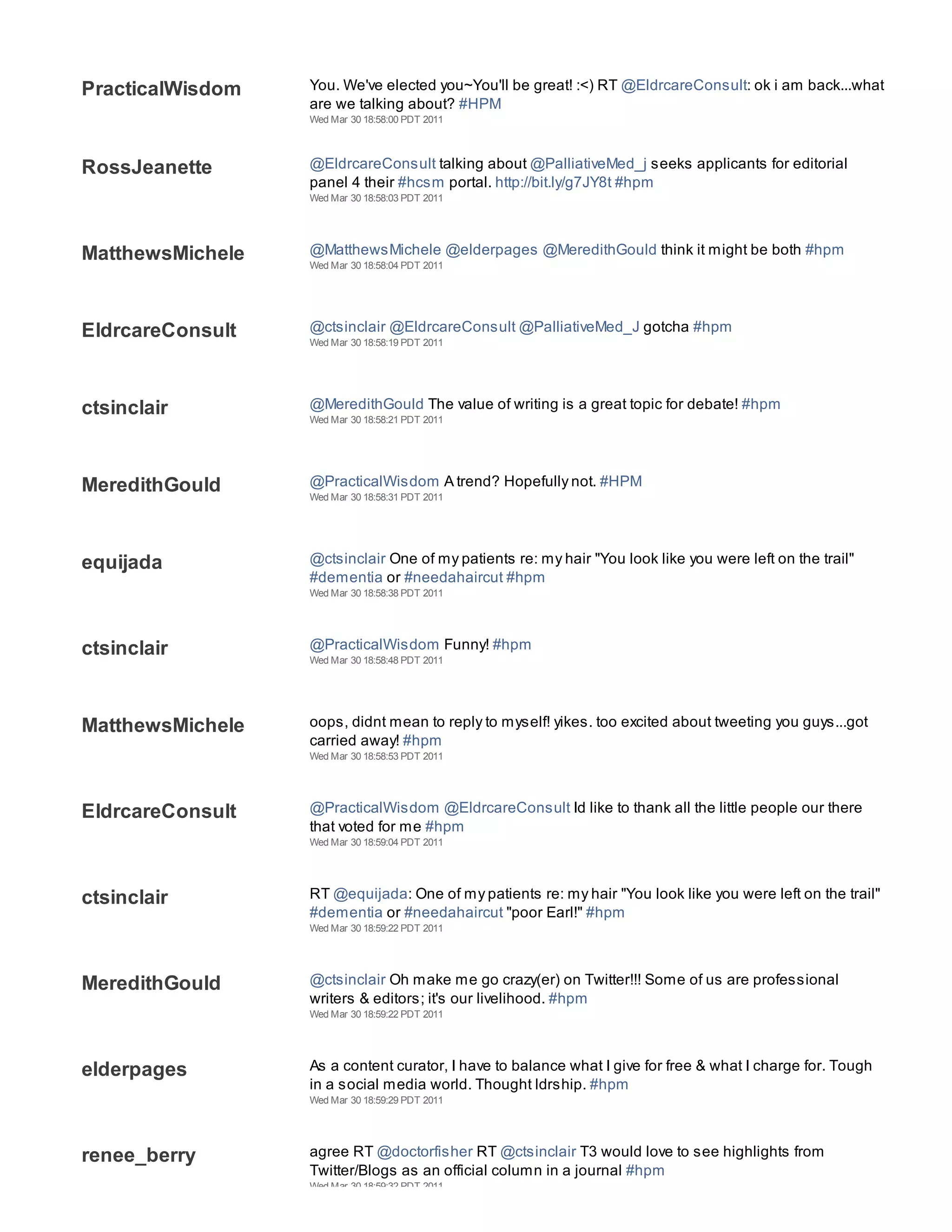 PracticalWisdom   You. We've elected you~You'll be great! :<) RT @EldrcareConsult: ok i am back...what
                  are we talking about? #HPM
                  Wed Mar 30 18:58:00 PDT 2011




RossJeanette      @EldrcareConsult talking about @PalliativeMed_j seeks applicants for editorial
                  panel 4 their #hcsm portal. http://bit.ly/g7JY8t #hpm
                  Wed Mar 30 18:58:03 PDT 2011




MatthewsMichele   @MatthewsMichele @elderpages @MeredithGould think it might be both #hpm
                  Wed Mar 30 18:58:04 PDT 2011




EldrcareConsult   @ctsinclair @EldrcareConsult @PalliativeMed_J gotcha #hpm
                  Wed Mar 30 18:58:19 PDT 2011




ctsinclair        @MeredithGould The value of writing is a great topic for debate! #hpm
                  Wed Mar 30 18:58:21 PDT 2011




MeredithGould     @PracticalWisdom A trend? Hopefully not. #HPM
                  Wed Mar 30 18:58:31 PDT 2011




equijada          @ctsinclair One of my patients re: my hair "You look like you were left on the trail"
                  #dementia or #needahaircut #hpm
                  Wed Mar 30 18:58:38 PDT 2011




ctsinclair        @PracticalWisdom Funny! #hpm
                  Wed Mar 30 18:58:48 PDT 2011




MatthewsMichele   oops, didnt mean to reply to myself! yikes. too excited about tweeting you guys...got
                  carried away! #hpm
                  Wed Mar 30 18:58:53 PDT 2011




EldrcareConsult   @PracticalWisdom @EldrcareConsult Id like to thank all the little people our there
                  that voted for me #hpm
                  Wed Mar 30 18:59:04 PDT 2011




ctsinclair        RT @equijada: One of my patients re: my hair "You look like you were left on the trail"
                  #dementia or #needahaircut "poor Earl!" #hpm
                  Wed Mar 30 18:59:22 PDT 2011




MeredithGould     @ctsinclair Oh make me go crazy(er) on Twitter!!! Some of us are professional
                  writers & editors; it's our livelihood. #hpm
                  Wed Mar 30 18:59:22 PDT 2011




elderpages        As a content curator, I have to balance what I give for free & what I charge for. Tough
                  in a social media world. Thought ldrship. #hpm
                  Wed Mar 30 18:59:29 PDT 2011




renee_berry       agree RT @doctorfisher RT @ctsinclair T3 would love to see highlights from
                  Twitter/Blogs as an official column in a journal #hpm
                  Wed Mar 30 18:59:32 PDT 2011
 
