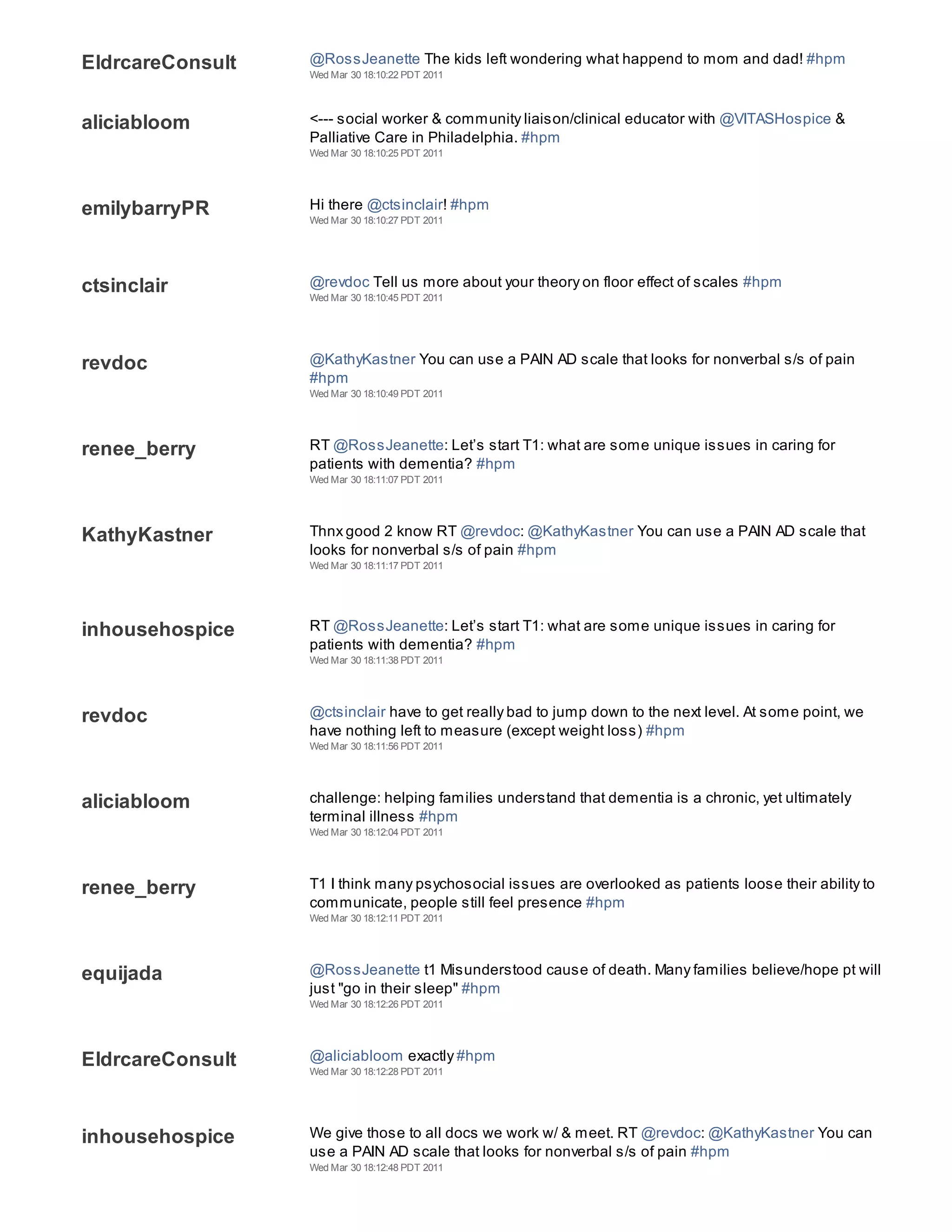 EldrcareConsult   @RossJeanette The kids left wondering what happend to mom and dad! #hpm
                  Wed Mar 30 18:10:22 PDT 2011




aliciabloom       <--- social worker & community liaison/clinical educator with @VITASHospice &
                  Palliative Care in Philadelphia. #hpm
                  Wed Mar 30 18:10:25 PDT 2011




emilybarryPR      Hi there @ctsinclair! #hpm
                  Wed Mar 30 18:10:27 PDT 2011




ctsinclair        @revdoc Tell us more about your theory on floor effect of scales #hpm
                  Wed Mar 30 18:10:45 PDT 2011




revdoc            @KathyKastner You can use a PAIN AD scale that looks for nonverbal s/s of pain
                  #hpm
                  Wed Mar 30 18:10:49 PDT 2011




renee_berry       RT @RossJeanette: Let’s start T1: what are some unique issues in caring for
                  patients with dementia? #hpm
                  Wed Mar 30 18:11:07 PDT 2011




KathyKastner      Thnx good 2 know RT @revdoc: @KathyKastner You can use a PAIN AD scale that
                  looks for nonverbal s/s of pain #hpm
                  Wed Mar 30 18:11:17 PDT 2011




inhousehospice    RT @RossJeanette: Let’s start T1: what are some unique issues in caring for
                  patients with dementia? #hpm
                  Wed Mar 30 18:11:38 PDT 2011




revdoc            @ctsinclair have to get really bad to jump down to the next level. At some point, we
                  have nothing left to measure (except weight loss) #hpm
                  Wed Mar 30 18:11:56 PDT 2011




aliciabloom       challenge: helping families understand that dementia is a chronic, yet ultimately
                  terminal illness #hpm
                  Wed Mar 30 18:12:04 PDT 2011




renee_berry       T1 I think many psychosocial issues are overlooked as patients loose their ability to
                  communicate, people still feel presence #hpm
                  Wed Mar 30 18:12:11 PDT 2011




equijada          @RossJeanette t1 Misunderstood cause of death. Many families believe/hope pt will
                  just "go in their sleep" #hpm
                  Wed Mar 30 18:12:26 PDT 2011




EldrcareConsult   @aliciabloom exactly #hpm
                  Wed Mar 30 18:12:28 PDT 2011




inhousehospice    We give those to all docs we work w/ & meet. RT @revdoc: @KathyKastner You can
                  use a PAIN AD scale that looks for nonverbal s/s of pain #hpm
                  Wed Mar 30 18:12:48 PDT 2011
 