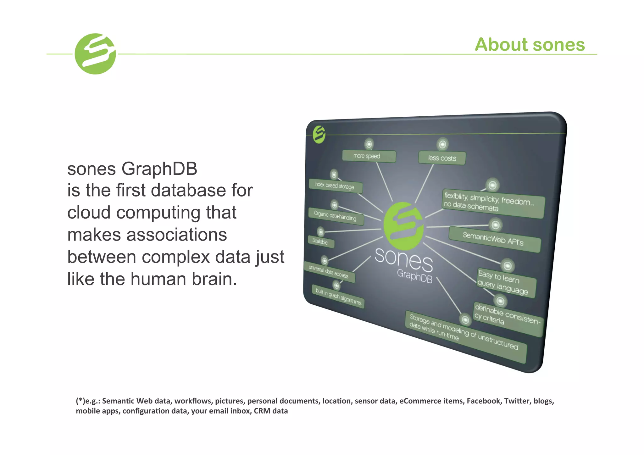 About sones




sones GraphDB
is the first database for
cloud computing that
makes associations
between complex data just
like the human brain.




 (*)e.g.:	
  Seman-c	
  Web	
  data,	
  workﬂows,	
  pictures,	
  personal	
  documents,	
  loca-on,	
  sensor	
  data,	
  eCommerce	
  items,	
  Facebook,	
  TwiAer,	
  blogs,	
  
 mobile	
  apps,	
  conﬁgura-on	
  data,	
  your	
  email	
  inbox,	
  CRM	
  data	
  
 