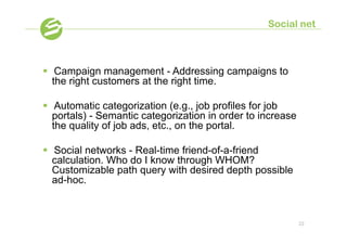 Social net



§  Campaign management - Addressing campaigns to
    the right customers at the right time.

§  Automatic categorization (e.g., job profiles for job
    portals) - Semantic categorization in order to increase
    the quality of job ads, etc., on the portal.

§  Social networks - Real-time friend-of-a-friend
    calculation. Who do I know through WHOM?
    Customizable path query with desired depth possible
    ad-hoc.



                                                              22
 