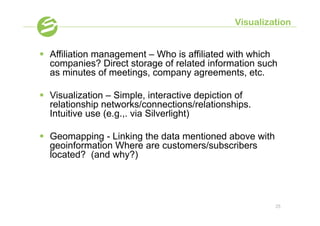 Visualization


§  Affiliation management – Who is affiliated with which
    companies? Direct storage of related information such
    as minutes of meetings, company agreements, etc.

§  Visualization – Simple, interactive depiction of
    relationship networks/connections/relationships.
    Intuitive use (e.g.,. via Silverlight)

§  Geomapping - Linking the data mentioned above with
    geoinformation Where are customers/subscribers
    located? (and why?)




                                                         25
 