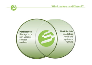 What makes us different?




Persistence:         Flexible data
Storage on a            modeling
non-volatile             while the
storage                  system is
medium                     running
 