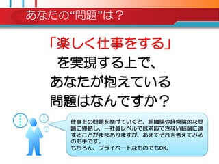 あなたの“問題”は？

 「楽しく仕事をする」
  を実現する上で、
  あなたが抱えている
  問題はなんですか？
    仕事上の問題を挙げていくと、組織論や経営論的な問
    題に帰結し、一社員レベルでは対応できない結論に達
    することがままありますが、あえてそれを考えてみる
    のも手です。
    もちろん、プライベートなものでもOK。
 