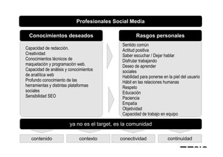 Profesionales Social Media

  Conocimientos deseados                             Rasgos personales
                                              Sentido común
Capacidad de redacción.                       Actitud positiva
Creatividad                                   Saber escuchar / Dejar hablar
Conocimientos técnicos de                     Disfrutar trabajando
maquetación y programación web.               Deseo de aprender
Capacidad de análisis y conocimientos         sociales
de analítica web                              Habilidad para ponerse en la piel del usuario
Profundo conocimiento de las                  Hábil en las relaciones humanas
herramientas y distintas plataformas          Respeto
sociales                                      Educación
Sensibilidad SEO                              Paciencia
                                              Empatía
                                              Objetividad
                                              Capacidad de trabajo en equipo

                        ya no es el target, es la comunidad

   contenido                 contexto        conectividad               continuidad
 