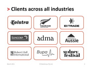>	
  Clients	
  across	
  all	
  industries	
  




March	
  2011	
       ©	
  Datalicious	
  Pty	
  Ltd	
     3	
  
 