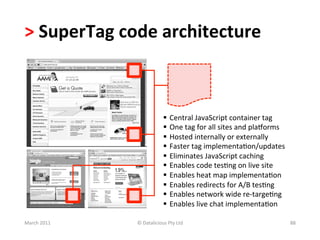 >	
  SuperTag	
  code	
  architecture	
  	
  



                                      §  Central	
  JavaScript	
  container	
  tag	
  
                                      §  One	
  tag	
  for	
  all	
  sites	
  and	
  plaXorms	
  
                                      §  Hosted	
  internally	
  or	
  externally	
  
                                      §  Faster	
  tag	
  implementaBon/updates	
  
                                      §  Eliminates	
  JavaScript	
  caching	
  
                                      §  Enables	
  code	
  tesBng	
  on	
  live	
  site	
  
                                      §  Enables	
  heat	
  map	
  implementaBon	
  
                                      §  Enables	
  redirects	
  for	
  A/B	
  tesBng	
  
                                      §  Enables	
  network	
  wide	
  re-­‐targeBng	
  
                                      §  Enables	
  live	
  chat	
  implementaBon	
  

March	
  2011	
     ©	
  Datalicious	
  Pty	
  Ltd	
                                                 88	
  
 