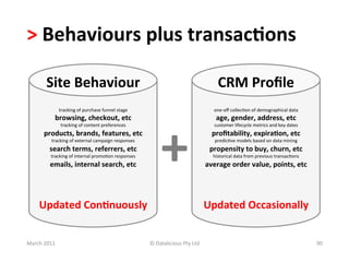 >	
  Behaviours	
  plus	
  transac?ons	
  	
  

           Site	
  Behaviour	
                                                                                     CRM	
  Proﬁle	
  
                    tracking	
  of	
  purchase	
  funnel	
  stage	
                                              one-­‐oﬀ	
  collecBon	
  of	
  demographical	
  data	
  	
  




                                                                               +	
  
                browsing,	
  checkout,	
  etc	
                                                                   age,	
  gender,	
  address,	
  etc	
  
                     tracking	
  of	
  content	
  preferences	
                                                  customer	
  lifecycle	
  metrics	
  and	
  key	
  dates	
  
         products,	
  brands,	
  features,	
  etc	
                                                             proﬁtability,	
  expira?on,	
  etc	
  
              tracking	
  of	
  external	
  campaign	
  responses	
                                              predicBve	
  models	
  based	
  on	
  data	
  mining	
  
             search	
  terms,	
  referrers,	
  etc	
                                                           propensity	
  to	
  buy,	
  churn,	
  etc	
  
             tracking	
  of	
  internal	
  promoBon	
  responses	
                                              historical	
  data	
  from	
  previous	
  transacBons	
  
             emails,	
  internal	
  search,	
  etc	
                                                         average	
  order	
  value,	
  points,	
  etc	
  




       Updated	
  Con?nuously	
                                                                              Updated	
  Occasionally	
  


March	
  2011	
                                                         ©	
  Datalicious	
  Pty	
  Ltd	
                                                                        90	
  
 