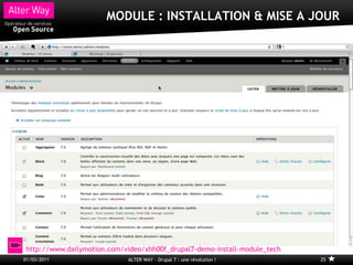 MODULE : INSTALLATION & MISE A JOUR




http://www.dailymotion.com/video/xhh00f_drupal7-demo-install-module_tech
01/03/2011                  ALTER WAY - Drupal 7 : une révolution !        25
 