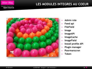 LES MODULES INTEGRES AU COEUR



                                                       Admin role
                                                       Feed api
                                                       FileField
                                                       Image
                                                       ImageAPI
                                                       ImageCache
                                                       ImageField
                                                       Install profile API
                                                       Plugin manager
                                                       Poormanscron
                                                       Token




01/03/2011   ALTER WAY - Drupal 7 : une révolution !                         36
 