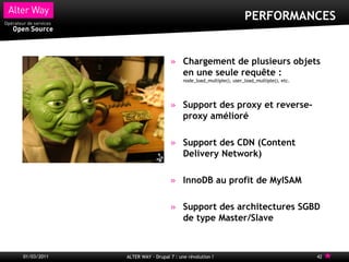 PERFORMANCES


                                      Chargement de plusieurs objets
                                      en une seule requête :
                                      node_load_multiple(), user_load_multiple(), etc.




                                      Support des proxy et reverse-
                                      proxy amélioré

                                      Support des CDN (Content
                                      Delivery Network)

                                      InnoDB au profit de MyISAM

                                      Support des architectures SGBD
                                      de type Master/Slave



01/03/2011   ALTER WAY - Drupal 7 : une révolution !                                     42
 