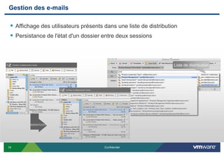 Gestion des e-mails

  Affichage des utilisateurs présents dans une liste de distribution
  Persistance de l'état d'un dossier entre deux sessions



                                                                   Liste de distribution




     Déconnexion/connexion




18                                     Confidentiel
 