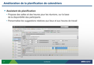 Amélioration de la planification de calendriers

  Assistant de planification
     • Propose des salles et des heures pour les réunions, sur la base
      de la disponibilité des participants
     • Personnalise les suggestions relatives aux lieux et aux heures de travail




27                                           Confidentiel
 