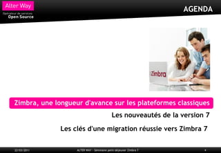 AGENDA




Zimbra, une longueur d'avance sur les plateformes classiques
                                            Les nouveautés de la version 7

              Les clés d'une migration réussie vers Zimbra 7

22/03/2011         ALTER WAY - Séminaire petit-déjeuner Zimbra 7        4
 