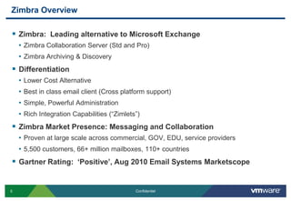 Zimbra Overview

 Zimbra: Leading alternative to Microsoft Exchange
    • Zimbra Collaboration Server (Std and Pro)
    • Zimbra Archiving & Discovery
 Differentiation
    • Lower Cost Alternative
    • Best in class email client (Cross platform support)
    • Simple, Powerful Administration
    • Rich Integration Capabilities (“Zimlets”)
 Zimbra Market Presence: Messaging and Collaboration
    • Proven at large scale across commercial, GOV, EDU, service providers
    • 5,500 customers, 66+ million mailboxes, 110+ countries
 Gartner Rating: ‘Positive’, Aug 2010 Email Systems Marketscope


5                                            Confidentiel
 