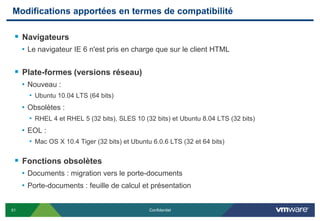 Modifications apportées en termes de compatibilité

  Navigateurs
     • Le navigateur IE 6 n'est pris en charge que sur le client HTML

  Plate-formes (versions réseau)
     • Nouveau :
       • Ubuntu 10.04 LTS (64 bits)
     • Obsolètes :
       • RHEL 4 et RHEL 5 (32 bits), SLES 10 (32 bits) et Ubuntu 8.04 LTS (32 bits)
     • EOL :
       • Mac OS X 10.4 Tiger (32 bits) et Ubuntu 6.0.6 LTS (32 et 64 bits)

  Fonctions obsolètes
     • Documents : migration vers le porte-documents
     • Porte-documents : feuille de calcul et présentation

51                                              Confidentiel
 