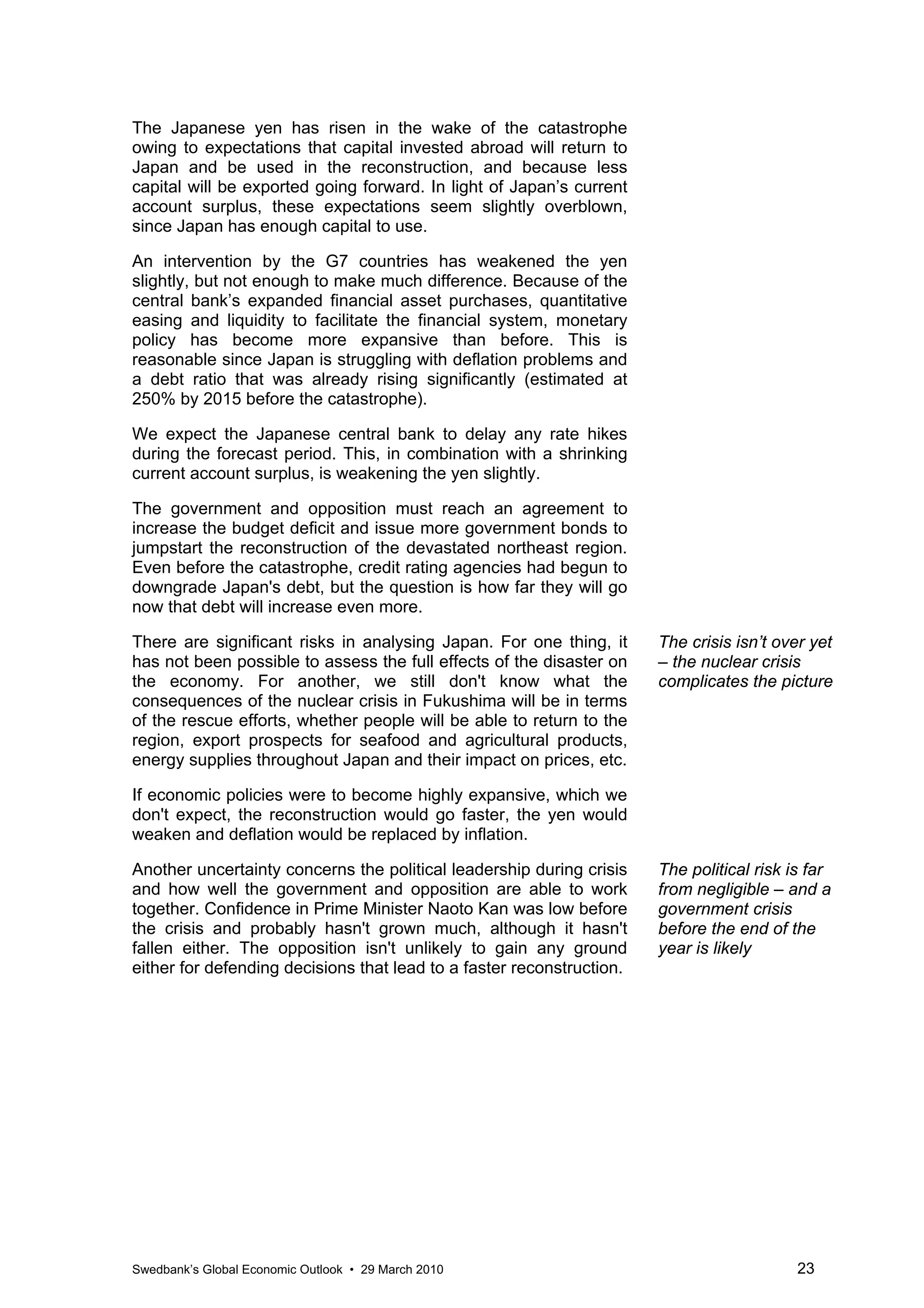 The Japanese yen has risen in the wake of the catastrophe
owing to expectations that capital invested abroad will return to
Japan and be used in the reconstruction, and because less
capital will be exported going forward. In light of Japan’s current
account surplus, these expectations seem slightly overblown,
since Japan has enough capital to use.

An intervention by the G7 countries has weakened the yen
slightly, but not enough to make much difference. Because of the
central bank’s expanded financial asset purchases, quantitative
easing and liquidity to facilitate the financial system, monetary
policy has become more expansive than before. This is
reasonable since Japan is struggling with deflation problems and
a debt ratio that was already rising significantly (estimated at
250% by 2015 before the catastrophe).

We expect the Japanese central bank to delay any rate hikes
during the forecast period. This, in combination with a shrinking
current account surplus, is weakening the yen slightly.

The government and opposition must reach an agreement to
increase the budget deficit and issue more government bonds to
jumpstart the reconstruction of the devastated northeast region.
Even before the catastrophe, credit rating agencies had begun to
downgrade Japan's debt, but the question is how far they will go
now that debt will increase even more.

There are significant risks in analysing Japan. For one thing, it      The crisis isn’t over yet
has not been possible to assess the full effects of the disaster on    – the nuclear crisis
the economy. For another, we still don't know what the                 complicates the picture
consequences of the nuclear crisis in Fukushima will be in terms
of the rescue efforts, whether people will be able to return to the
region, export prospects for seafood and agricultural products,
energy supplies throughout Japan and their impact on prices, etc.

If economic policies were to become highly expansive, which we
don't expect, the reconstruction would go faster, the yen would
weaken and deflation would be replaced by inflation.

Another uncertainty concerns the political leadership during crisis    The political risk is far
and how well the government and opposition are able to work            from negligible – and a
together. Confidence in Prime Minister Naoto Kan was low before        government crisis
the crisis and probably hasn't grown much, although it hasn't          before the end of the
fallen either. The opposition isn't unlikely to gain any ground        year is likely
either for defending decisions that lead to a faster reconstruction.




Swedbank’s Global Economic Outlook • 29 March 2010                                         23
 