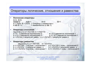 Операторы логические, отношения и равенства

   Логические операторы
    A=3; B=0;
    A&&B=0          A||B=1            !A=0                     !B=1
    A = 2'b0x; B = 2'b10; // Операнд с элементом x
    A && B = x            // эквивалентно (x && 1)

   Операторы отношения
    reg [3:0] a, b; a = 4’b1100; b = 4’b0110;
    a < b // равняется логическому 0          a > 8 // равняется логической 1
    a <= b // равняется логическому 0         a >= 10 // равняется логической 1
    a < 4’b1zzz // результат равен x a < 4’b1x01 // результат равен x

   Операторы равенства
          reg [3:0] a, b; a = 4’b1100; b = 4’b101x;
    a == 4’b1100 // истина – логическая 1 a != 4’b1100 // ложь – логический 0
    b == 4’b101x // результат равен x          b != 4’b101x // результат равен x
    b === 4’b101x // истина – логическая 1 b !== 4’b101x // ложь – логический 0



          2/9/2011             д.т.н. Хаханова И.В, каф.АПВТ, ХНУРЭ          9
                                    e-mail: hahanova@mail.ru
 