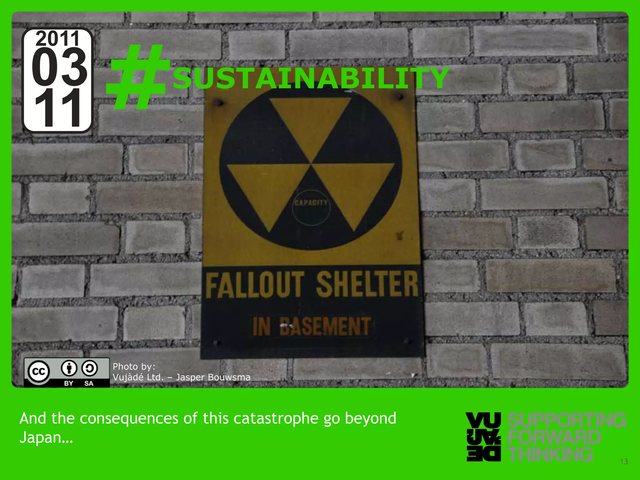 #
  2011
 03                                   SUSTAINABILITY
 11



                      Photo by:
                      Vujàdé Ltd. – Jasper Bouwsma



And the consequences of this catastrophe go beyond
Japan…
  © Vujàdé Ltd. – Supporting Forward Thinking          Slide | 13
 