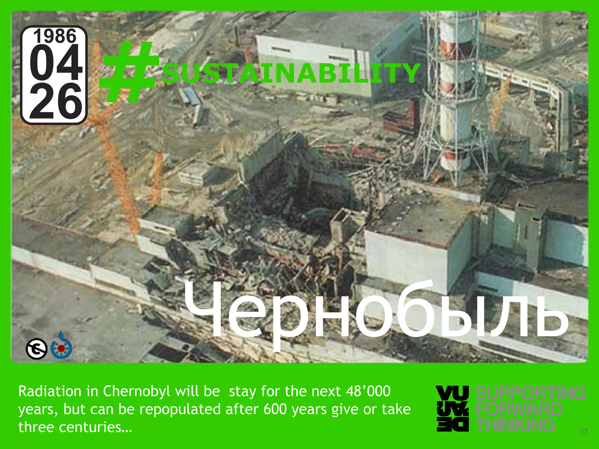 #
  1986
 04                  SUSTAINABILITY
 26



                        Чернобыль
Radiation in Chernobyl will be stay for the next 48’000
years, but can be repopulated after 600 years give or take
three centuries…
  © Vujàdé Ltd. – Supporting Forward Thinking                Slide | 17
 
