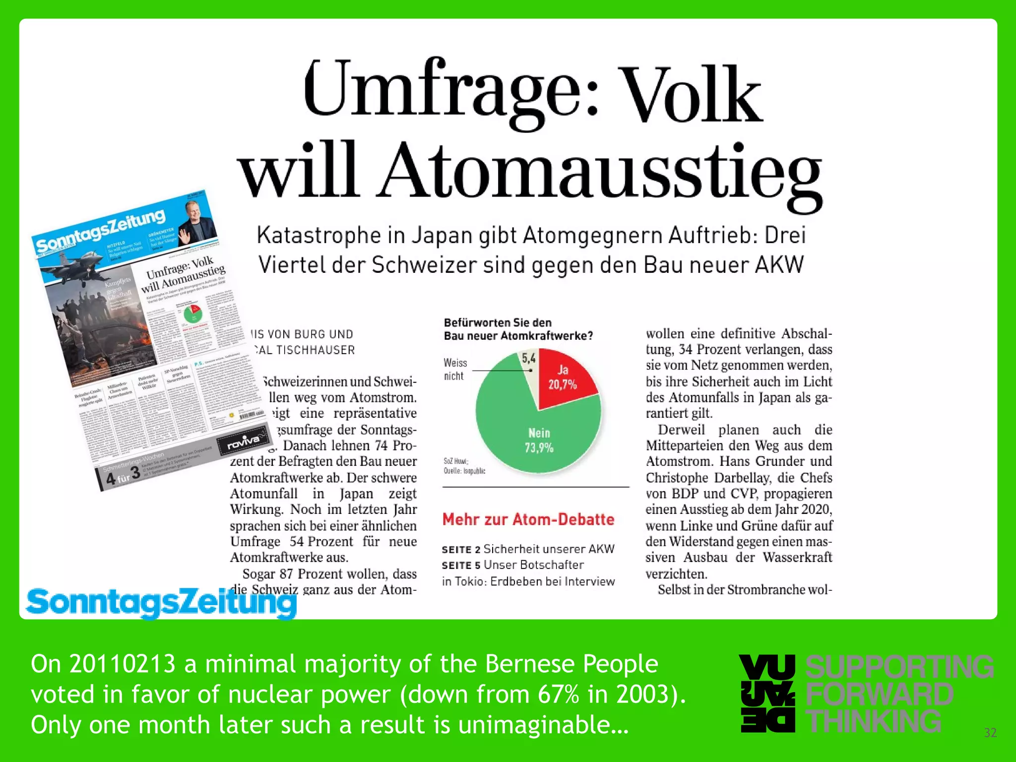 On 20110213 a minimal majority of the Bernese People
voted in favor of nuclear power (down from 67% in 2003).
Only one month Forward Thinking a result is unimaginable…
  © Vujàdé Ltd. – Supporting later such                     Slide | 32
 