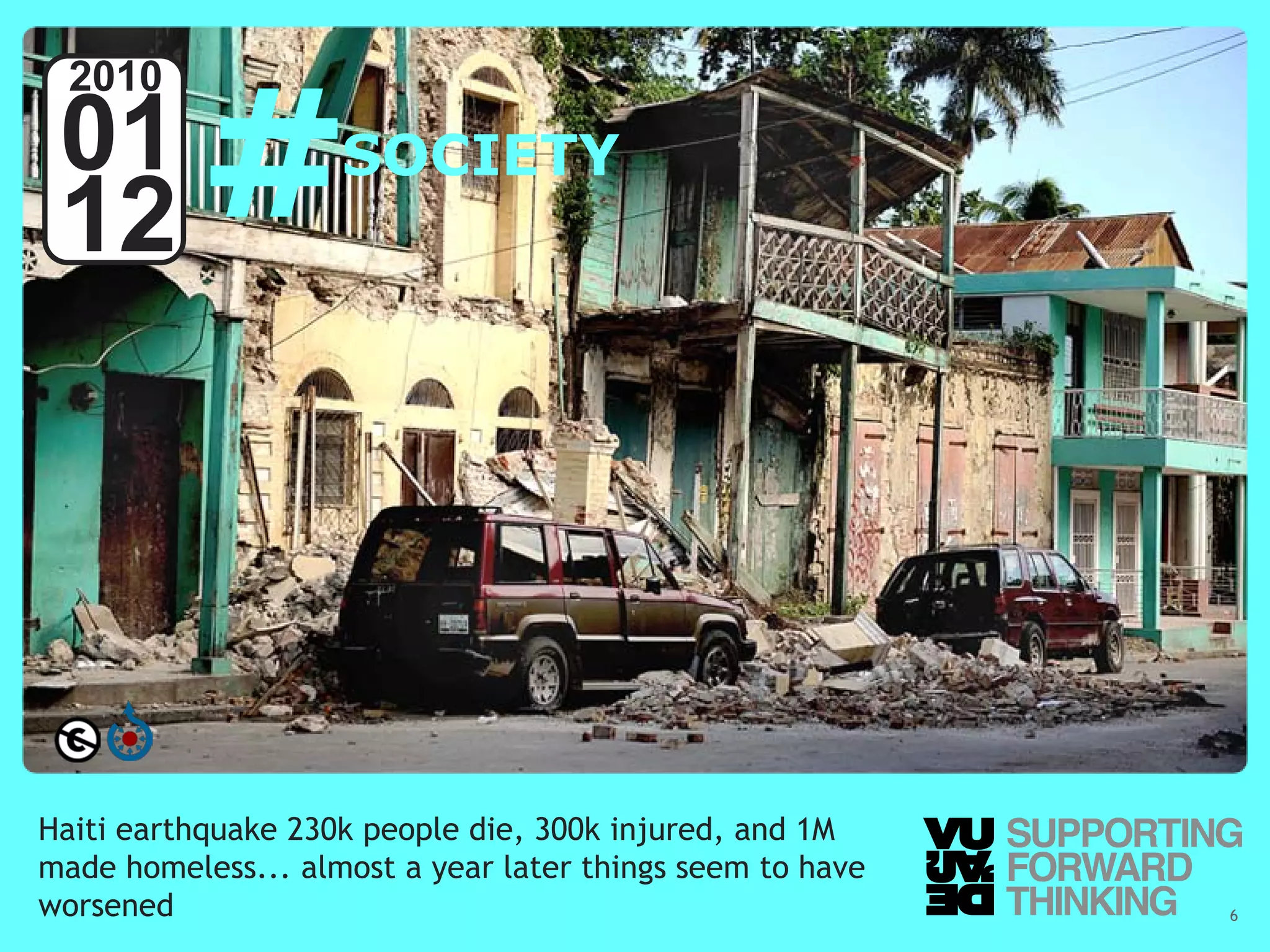 #
  2010
 01                 SOCIETY
 12




Haiti earthquake 230k people die, 300k injured, and 1M
made homeless... almost a year later things seem to have
worsened – Supporting Forward Thinking
  © Vujàdé Ltd.                                            Slide | 6
 