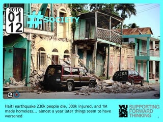 #
  2010
 01                 SOCIETY
 12




Haiti earthquake 230k people die, 300k injured, and 1M
made homeless... almost a year later things seem to have
worsened – Supporting Forward Thinking
  © Vujàdé Ltd.                                            Slide | 6
 