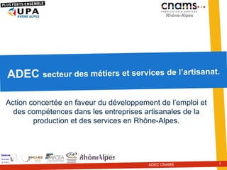 ADEC  secteur des métiers et services de l’artisanat. Action concertée en faveur du développement de l’emploi et des compétences dans les entreprises artisanales de la production et des services en Rhône-Alpes. ADEC CNAMS  