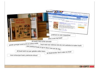 praktisch en zeer toepasbaar

                                                           zkho is een top boek!
                                  dit boek is een echte aanrader
                      print en online media must read voor iedere
goede synergie tussen                                                  en die iets met websites te maken heeft
                         zeer praktisch
                                         boek, ik ga er
                                                        direct mee aa
                                                                      n de slag
          dit boek had ik 30 jaar geleden willen lezen...
                                                                                ’t make me think’
                                                          de Nederlandse ‘don
 mooi ontworpen boek, praktische inhoud
 