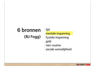 6 bronnen     tijd
              mentale inspanning
  (BJ Fogg)   fysieke inspanning
              geld
              niet-routine
              sociale wenselijkheid
 