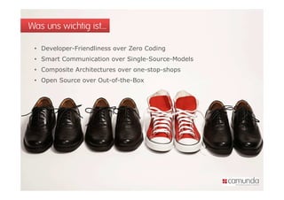 Was uns wichtig ist…

 • Developer-Friendliness over Zero Coding
 • Smart Communication over Single-Source-Models
 • Composite Architectures over one-stop-shops
 • Open Source over Out-of-the-Box
 