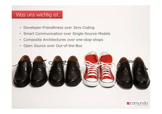 Was uns wichtig ist…

 • Developer-Friendliness over Zero Coding
 • Smart Communication over Single-Source-Models
 • Composite Architectures over one-stop-shops
 • Open Source over Out-of-the-Box
 