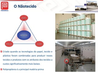 O Nãotecido

                   Papel




                 Nãotecido




   Plástico                       Tecido



Criado quando as tecnologias do papel, tecido e
plástico foram combinadas para produzir novos
tecidos e produtos com os atributos dos tecidos a
custos significativamente mais baixos

Polipropileno é a principal matéria-prima           10
 