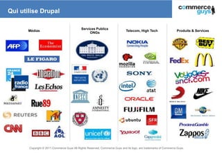 Qui utilise Drupal

                                            Services Publics
       Médias                                                                Telecom, High Tech                  Produits & Services
                                                 ONGs




       Copyright © 2011 Commerce Guys All Rights Reserved. Commerce Guys and its logo, are trademarks of Commerce Guys.
                                                                                                                                       15
 