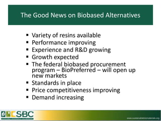 The Good News on Biobased Alternatives

  Variety of resins available
  Performance improving
  Experience and R&D growing
  Growth expected
  The federal biobased procurement
   program – BioPreferred – will open up
   new markets
  Standards in place
  Price competitiveness improving
  Demand increasing

                                    www.sustainablebiomaterials.org
 