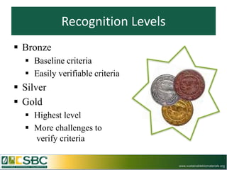 Recognition Levels
 Bronze
   Baseline criteria
   Easily verifiable criteria
 Silver
 Gold
   Highest level
   More challenges to
    verify criteria

                                 www.sustainablebiomaterials.org
 