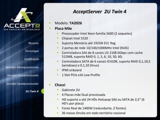 AcceptServer  2U Twin 4 Modelo:  TA2026 Placa Mãe Processador Intel Xeon família 5600 (2 soquetes) Chipset Intel 5520 Suporta Memória até 192GB ECC Reg 2 portas de rede 10/100/1000MHz Intel (RJ45) Controladora SAS de 8 canais LSI 2108 6Gbps com cache 512MB, suporta  RAID 0, 1, 5, 6, 10, 50, 60 ; Controladora SATA de 6 canais ICH10R, suporta RAID 0,1,10,5 (windows) e 0,1,10 (linux) IPMI onboard 1 Slot PCIe x16 Low Profile Chassi Gabinete 2U 4 Placas-mãe Dual processada HD suporte a até 24 HDs Hotswap SAS ou SATA de 2,5“ (6 HD’s por placa) Fonte Real de 1400W (redundante, 2 fontes) 36 meses Onsite em todo território nacional Resumo Servidor Monoprocessado Servidor Dualprocessado Servidor Quadprocessado 2U Twin 4 Codificação Tecnologia 