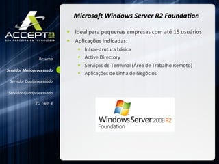 Microsoft Windows Server R2 Foundation Ideal para pequenas empresas com até 15 usuários Aplicações indicadas: Infraestrutura básica Active Directory Serviços de Terminal (Área de Trabalho Remoto) Aplicações de Linha de Negócios Resumo Servidor Monoprocessado Servidor Dualprocessado Servidor Quadprocessado 2U Twin 4 