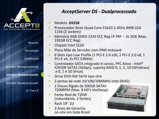 AcceptServer DS - Dualprocessado Modelo:  DS258 Processador Xeon Quad-Core E5620 2.4GHz 8MB LGA 1156 (2 sockets)  Memória 6GB DDR3-1333 ECC Reg LP PBF – 3x 2GB (Max. 192GB ECC Reg)  Chipset Intel 5520 Placa Mãe de Servidor com IPMI onboard 6 Slots tipo Low Profile (1 PCI-E 2.0 x16, 2 PCI-E 2.0 x8, 1 PCI-E x4, 2x PCI 33MHz) Controlador SATA integrado 6 canais, PFC Ativo - Intel® ICH10R SATA2 (3Gbps), suporta RAID 0, 1, 5, 10 (Windows)  e 0, 1 e 10 (linux) Drive DVD-RW SATA tipo slim  2 portas de rede 10/100/1000MHz Intel (RJ45) 2 Discos Rígido de 500GB SATAII  7200RPM (Max. 8 HD’s HotSwap) Fonte Real de 720W  (redundante, 2 fontes) Rack 19” 2U 3 Anos de Garantia  on-site em todo Brasil Resumo Servidor Monoprocessado Servidor Dualprocessado Servidor Quadprocessado 2U Twin 4 Codificação Tecnologia 