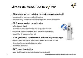Àrees de treball de la xip 2/2

     .COM: nous serveis públics, noves formes de prestació
     - coordinació en xarxa ent...