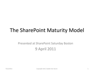 The SharePoint Maturity Model Presented at SharePoint Saturday Boston 9 April 2011 1 4/12/2011 Copyright 2011 Sadalit Van Buren 