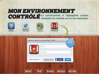 MON ENVIRONNEMENT
CONTRÔLÉ exemples de contrôle sur sa vie numérique
         La synchronicité et l’agrégation comme
 