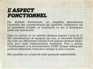 L ASPECT
 ’
FONCTIONNEL
Par attributs fonctionnels, on considère généralement
l’ensemble des caractéristiques qui qualifient l’expérience qui
lui permettent d’établir sa singularité; ce qui la distinguera
parmi ses concurrents.

Dans un univers où un individu demeure exposé à plus de 15
000 manifestations de marques par jour, la nécessité d’établir
des traits qui définissent l’unicité d’une marque demeure essen-
tielle pour toute communication marketing. Pour y arriver,
l’établissement et la documentation d’USP (unique selling pro-
position) demeurent l’exécution tactique la plus courante.

Elle constitue ici, la base de notre pyramide expérientielle.
 