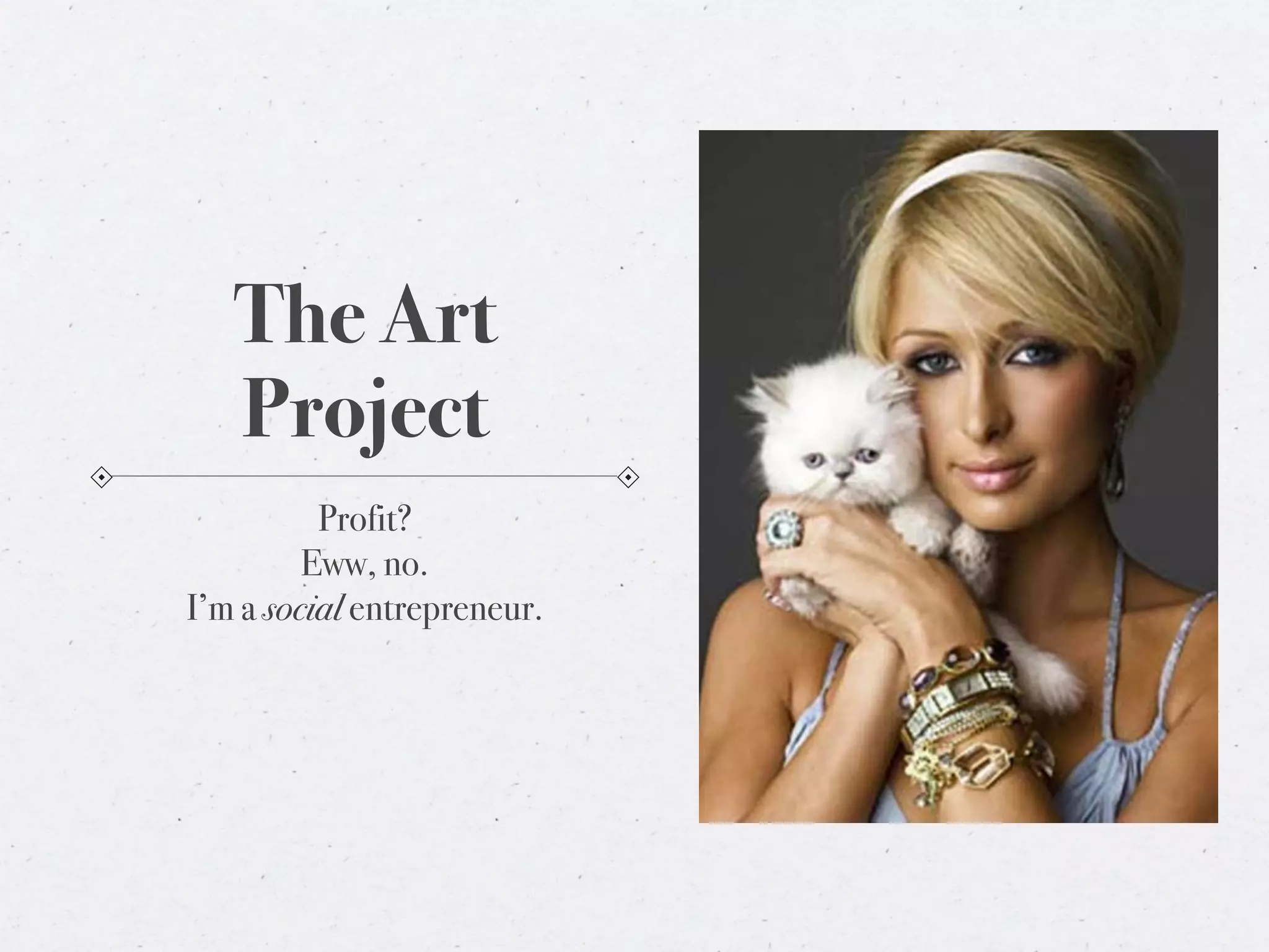The Art
   Project
          Profit?
         Eww, no.
I’m a social entrepreneur.
 